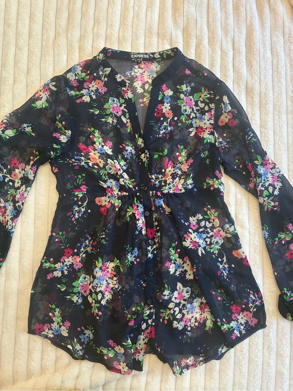 Express M Navy Sheer Floral Button Down Blouse Pink Cinched Waist